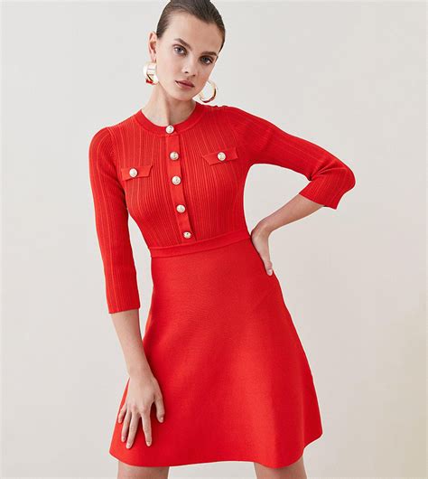 Buy Karen Millen Military Rib Knit Skater Mini Dress In Red 6thstreet