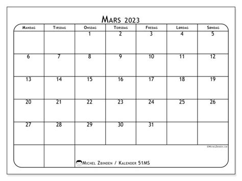 Kalender For Mars 2023 For Utskrift 51ms” Michel Zbinden No