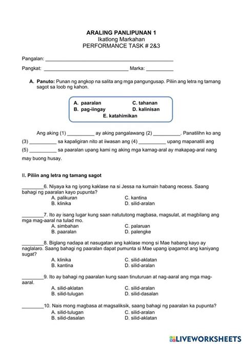 Araling Panlipunan Pt 2and3 3q Worksheet Preschool Colors Workbook School Subjects