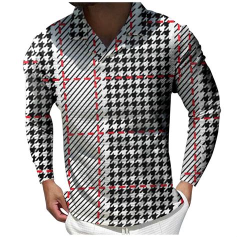 Zrbywb Polo Shirts For Men Male Casual Autumn Plaid Swallow Gird Print Shirt Button Cuban Collar