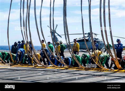 September 17 2022 Pacific Ocean Sailors Set Up A Barricade During A Flight Deck Drill