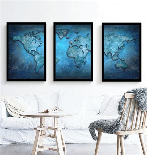 Kit 3 Quadros Decorativos Mapa Mundi Geografia Azul Moldura