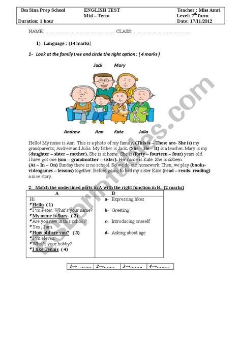 Mid Term English Test N 1 7th Form ESL Worksheet By Fattoma