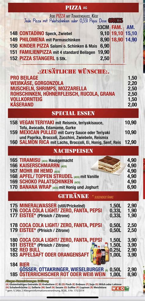 Speisekarte Von Pizzeria Philomena Wien