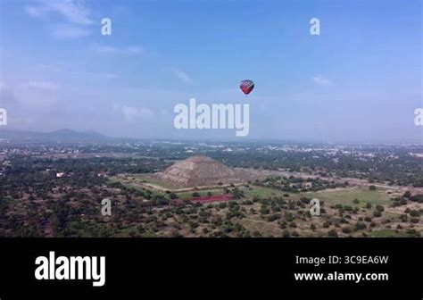 Aerial View Of A Sunrise Hot Air Balloon Ride Over The Pyramids Of Teotihuacan Mexico Stock