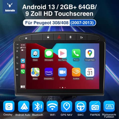 AUTORADIO 64G ANDROID 13 Carplay GPS Navi RDS WiFi Per Peugeot 308 408