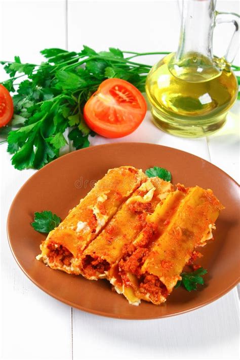 Traditional Italian Pasta Cannelloni Baked Tubes Stuffed With Minced