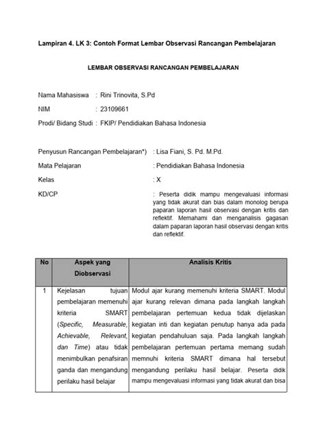 Lampiran 4 Lk 3 Contoh Format Lembar Observasi Rancangan Pembelajaran