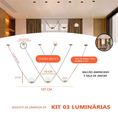 Kit 3 Luminarias Pendente Oscar Dourado Vidro Globo 12cm MadeiraMadeira