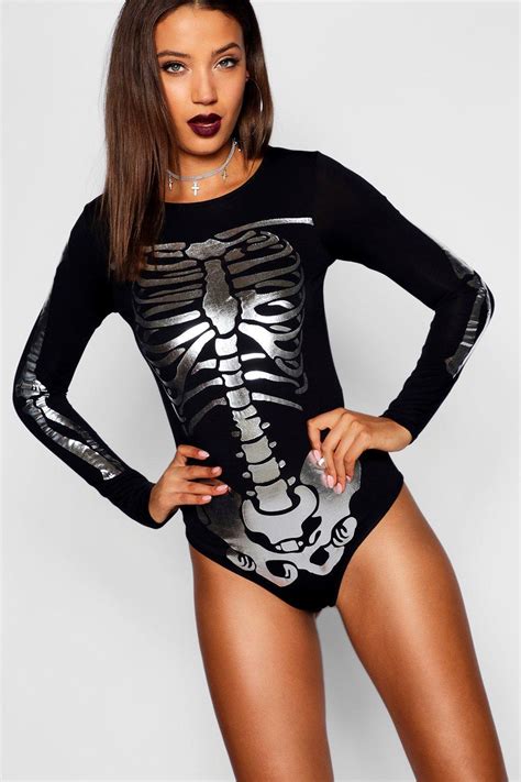 Boohoo Tall Halloween Metallic Skeleton Bodysuit In Black Lyst