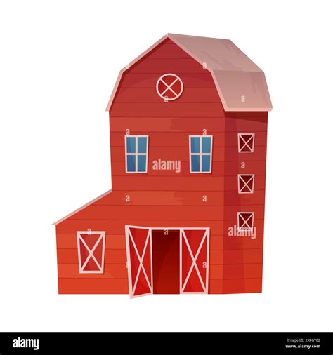 Red Farm Wooden Barn With Open Door Hay And Silo Storage Building