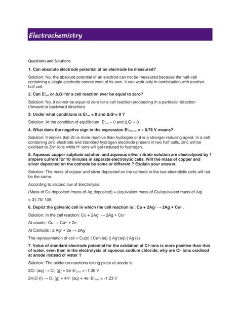 Solution Electrochemistry Questions With Answers Studypool