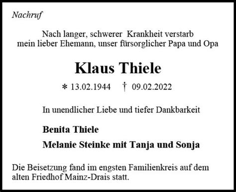 Traueranzeigen Von Klaus Thiele Vrm Trauer De