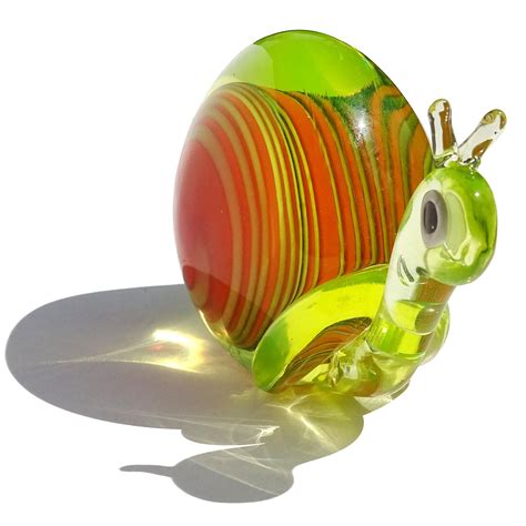 Murano Orange Uranium Green Italian Art Glass Snail Paperweight Sculpture Glows At 1stdibs