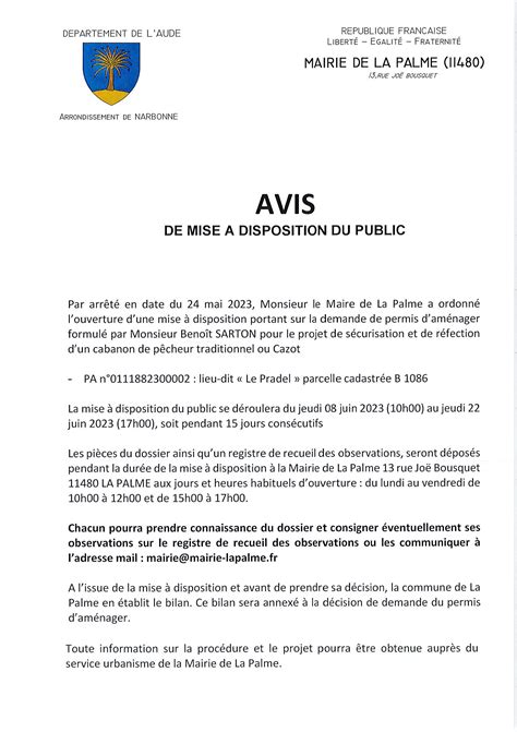 URBANISME AVIS DE MISE A DISPOSITION DU PUBLIC Mairie De La Palme