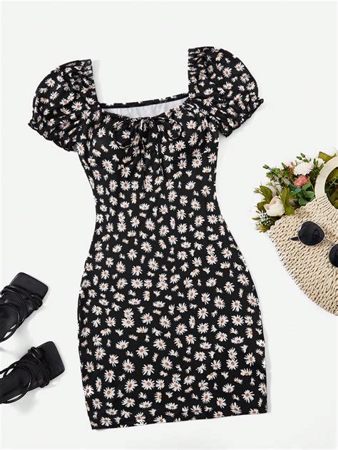 Shein Qutie Daisy Floral Print Knot Front Puff Sleeve Bodycon Dress