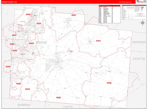 Greene County, OH Zip Code Wall Map Red Line Style by MarketMAPS