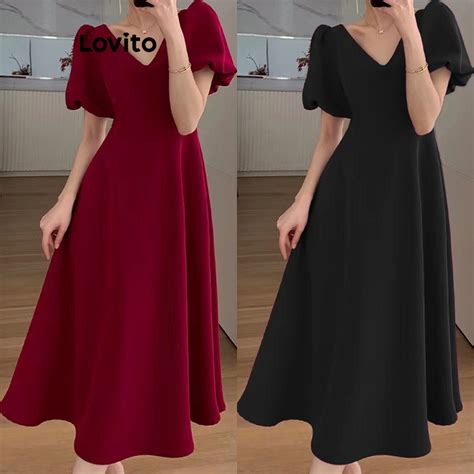 Lovito Vestido Midi Casual Elegante De Manga Curta Decote Em V Para