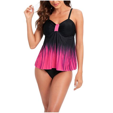 Tponi Womens Swimsuits Tummy Control Two Piece Sets Elastic Hot Pink Halter Swimsuits For Women