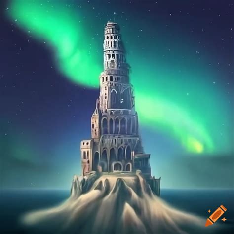 Anime Artwork Of Tower Of Babel Surrounded By A Sky Island And Aurora