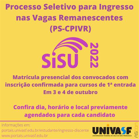 Univasf Divulga Resultado Final Do Processo Seletivo Para Ingresso