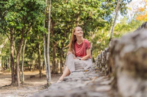 Woman Tourist At Coba Mexico Ancient Mayan City In Mexico Stock Photo