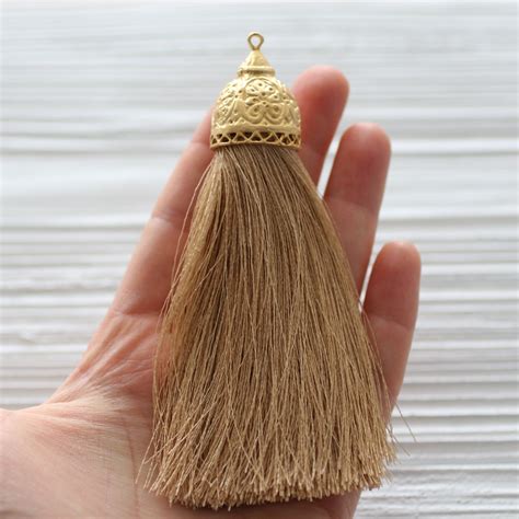 Extra Large Latte Brown Silk Tassel With Rustic Gold Tassel Cap Thick