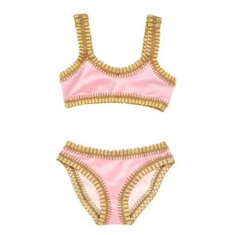 Pilyq Swim Nwt Pilyq Girls Denim Sporty Pink Gold Embroidered Bikini Poshmark
