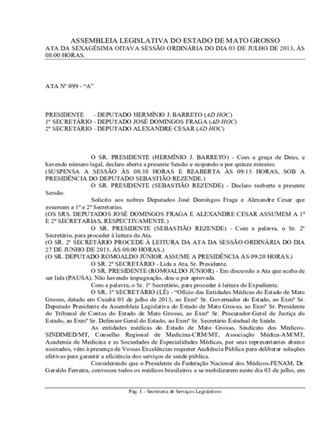 Fillable Online Assembleia Legislativa Do Estado De Mato Grosso Ata Da