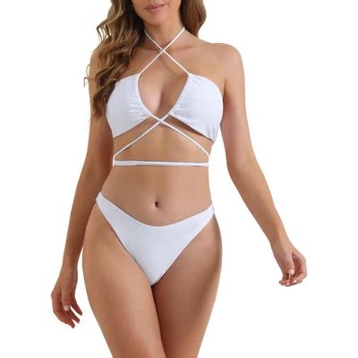 Inspire Chic Women S Halter Bikini Sets Double Lace Up Tie Back Triangle Bottoms Swimwear