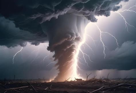 Dramatic And Powerful Tornado Lightning Thunderstorm Flash Over The