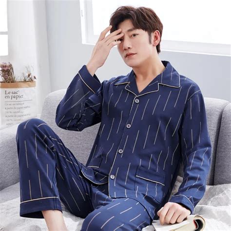 Casual Striped 100 Cotton Pajama Sets For Men 2018 Autumn Winter Long Sleeve Pyjama Sleepwear