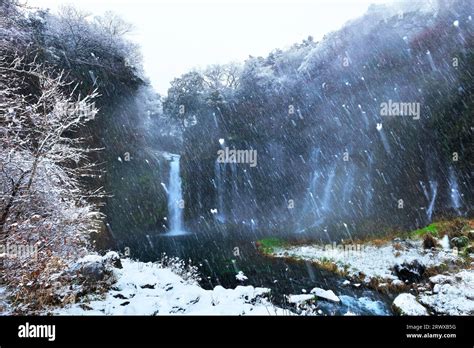 Snow at Shiraito Falls in winter Stock Photo - Alamy