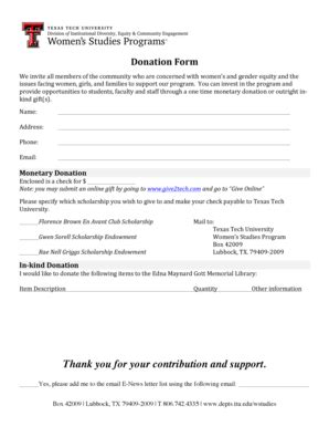 Fillable Online Depts Ttu Donation Form Texas Tech University Depts