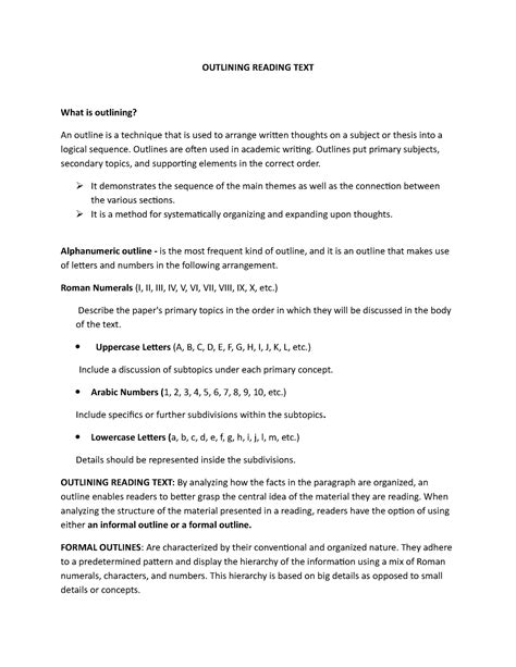 Outlining Reading Text Outlining Reading Text What Is Outlining An Outline Is A Technique