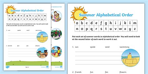 Summer Alphabetical Order By Second Letter Activity Sheet