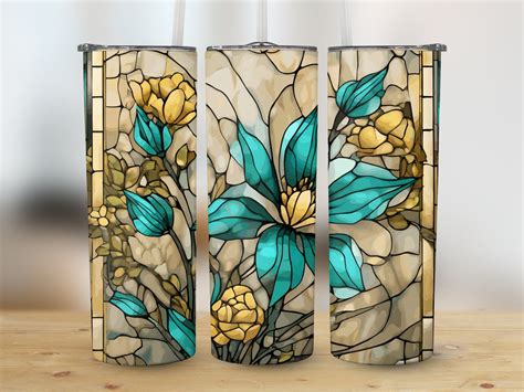 Stained Glass Flower Digital Wrap For 20oz Tumblers Yellow And Blue