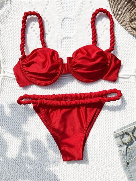 Shein Swim Women Summer Beach Solid Color Sexy Bikini Set With