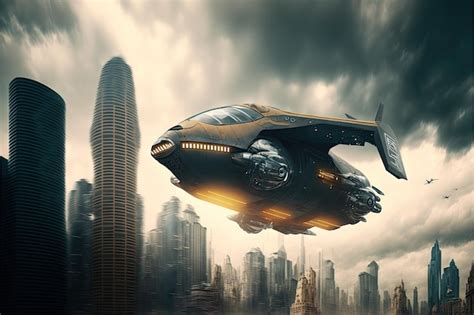 Hovering Above City Futuristic Flying Urban Transport Against Backdrop