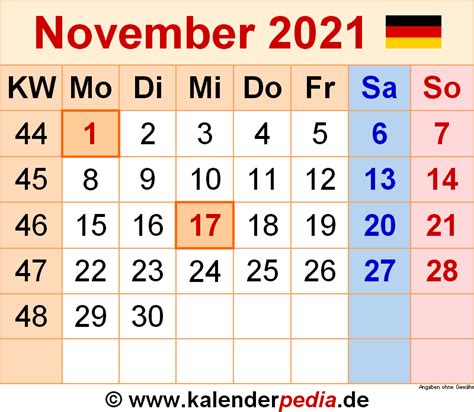 Kalender November 2021 Als Word Vorlagen