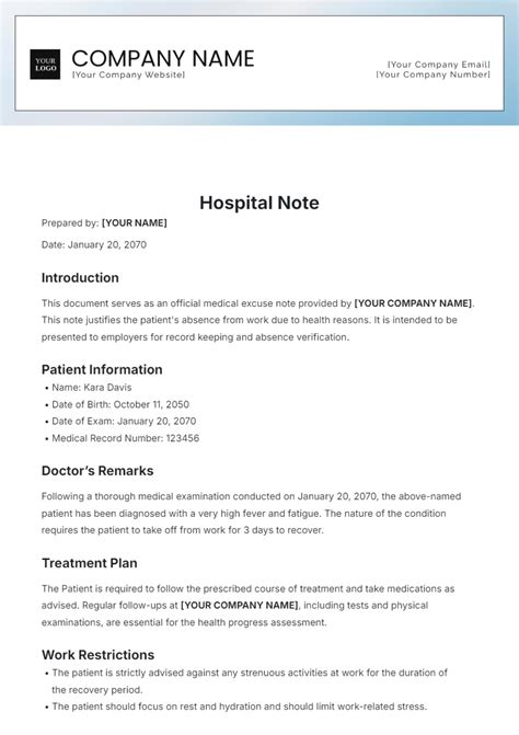 Free Hospital Emergency Room Doctors Note Template To Edit Online
