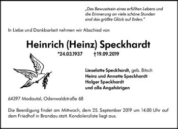 Traueranzeigen Von Heinrich Speckhardt Vrm Trauer De