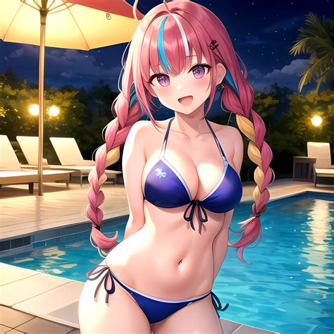 Girl Ahoge Bare Shoulders Bikini Blue Bikini Blue Hair Blush Braid