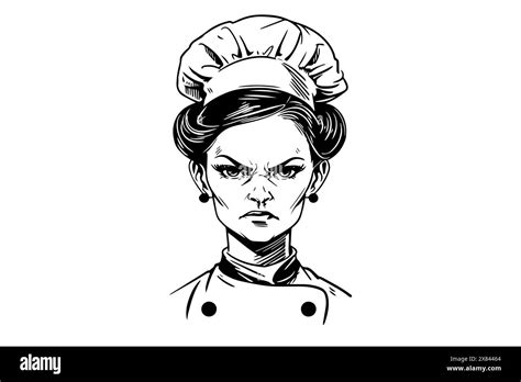 Angry Woman Chef Ink Sketch In Engraving Style Drawing Young Female