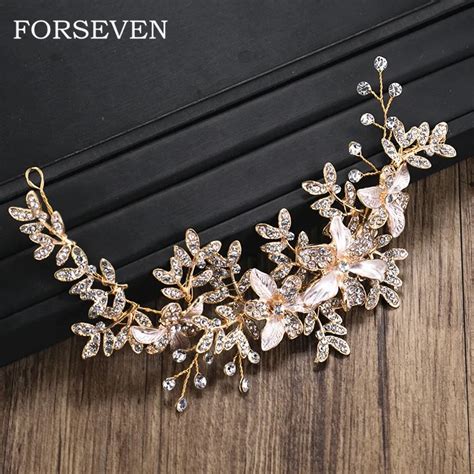 Flower Leaf Rhinestone Crystal Headband Hair Accessories Golden Bride