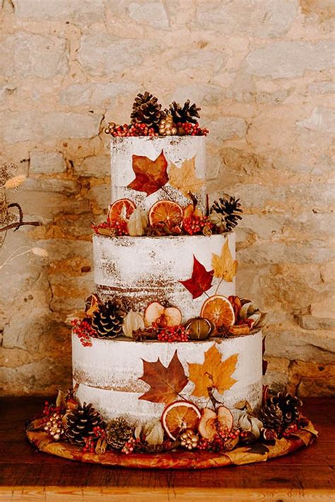 Autumn Leaves Decorate Three Tier Semi Naked Frosted Wedding Cake For