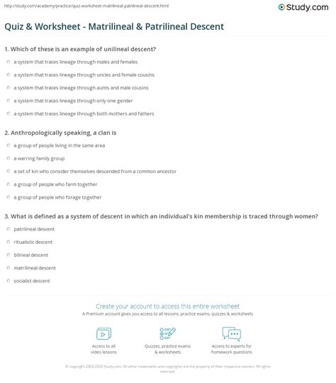 Quiz & Worksheet - Matrilineal & Patrilineal Descent | Study.com