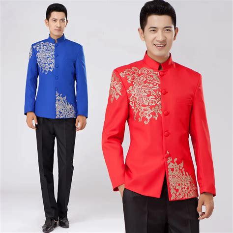 Red Tunic Traditional Stand Collar Suits Costume Male Embroidery Dragon