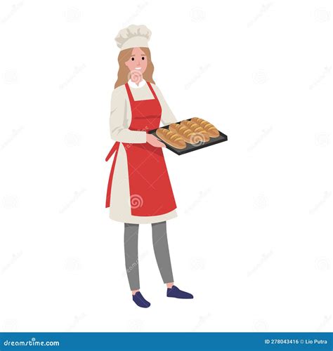 Beautiful Woman Baker Standing With A Baking Tray With Cookies Cartoon