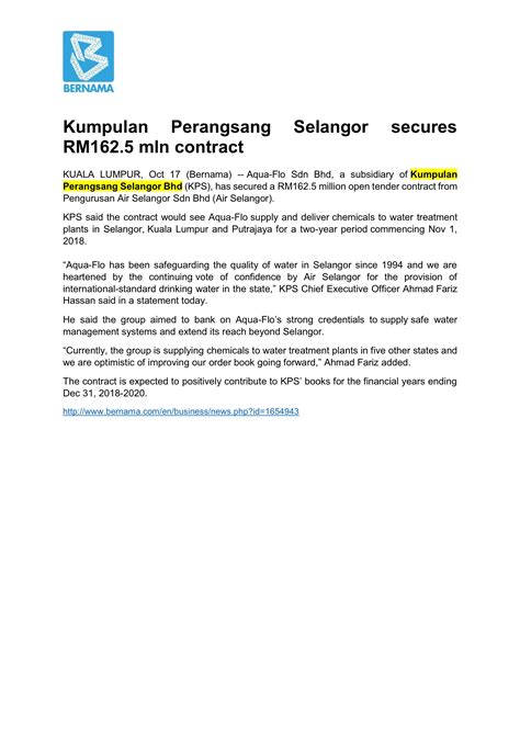 Kumpulan Perangsang Selangor Secures Rm1625 Mln Contract